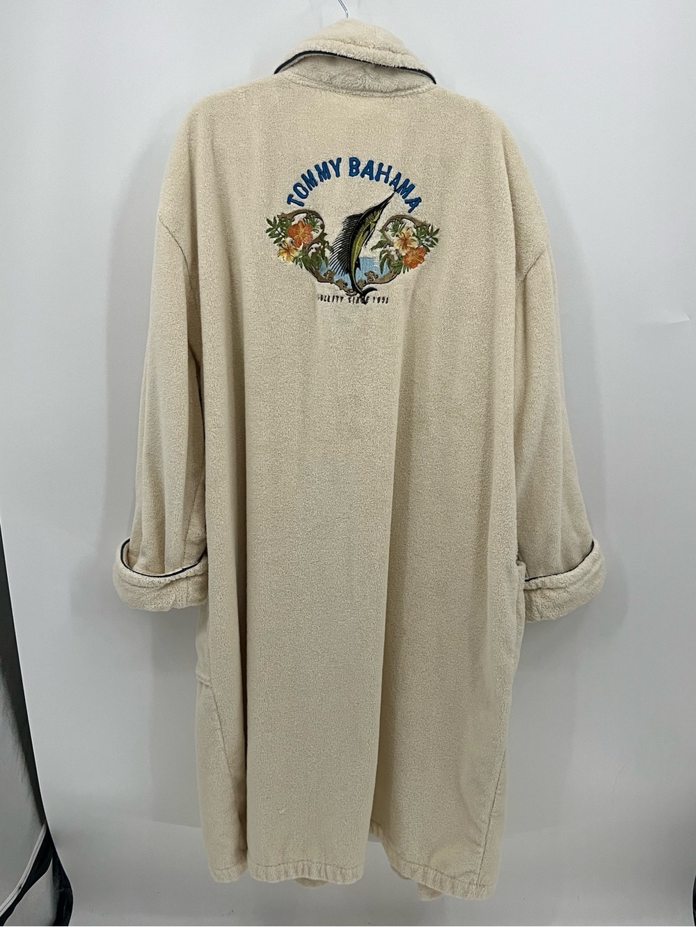 Tommy Bahama Cream Plush Terry Cloth Bath Robe with Tropical Marlin Embroidery